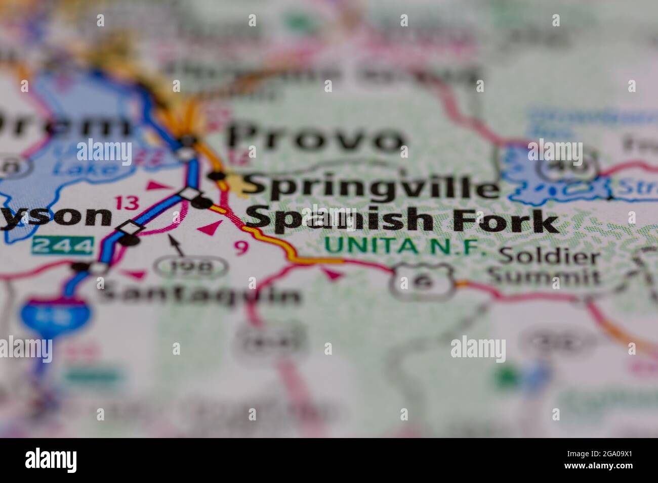 Spanish Fork Utah USA shown on a road map or Geography map Stock Photo