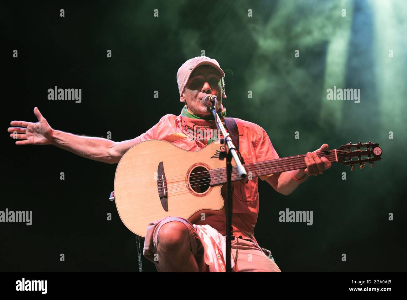 COLLEGNO, FLOWERS FESTIVAL, JULY 27TH 2021: The French singer of Spanish descent Manu Chao performing live on stage for his “El Chapulín Solo – Manu Chao Acústico” Italian tour. Stock Photo