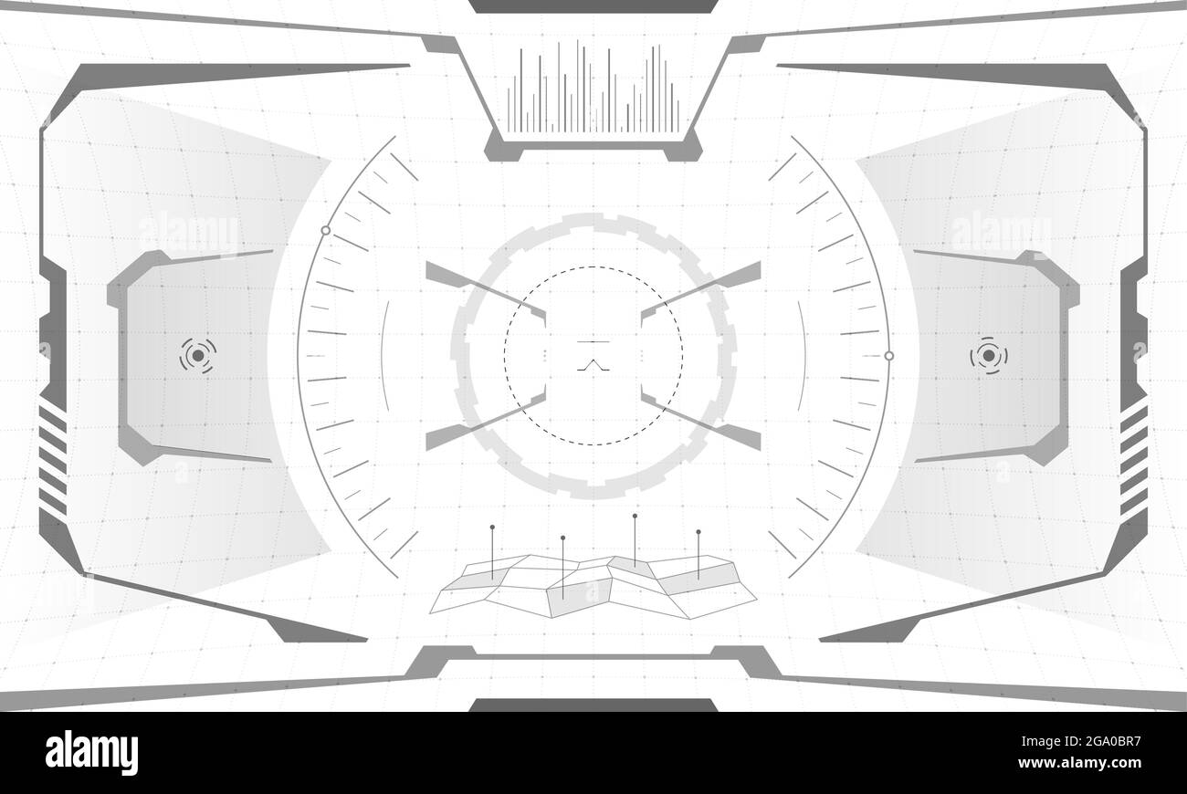 VR HUD game interface crosshair screen design. Futuristic sci-fi virtual reality view head up display visor. GUI UI digital technology control center dashboard panel vector eps illustration Stock Vector
