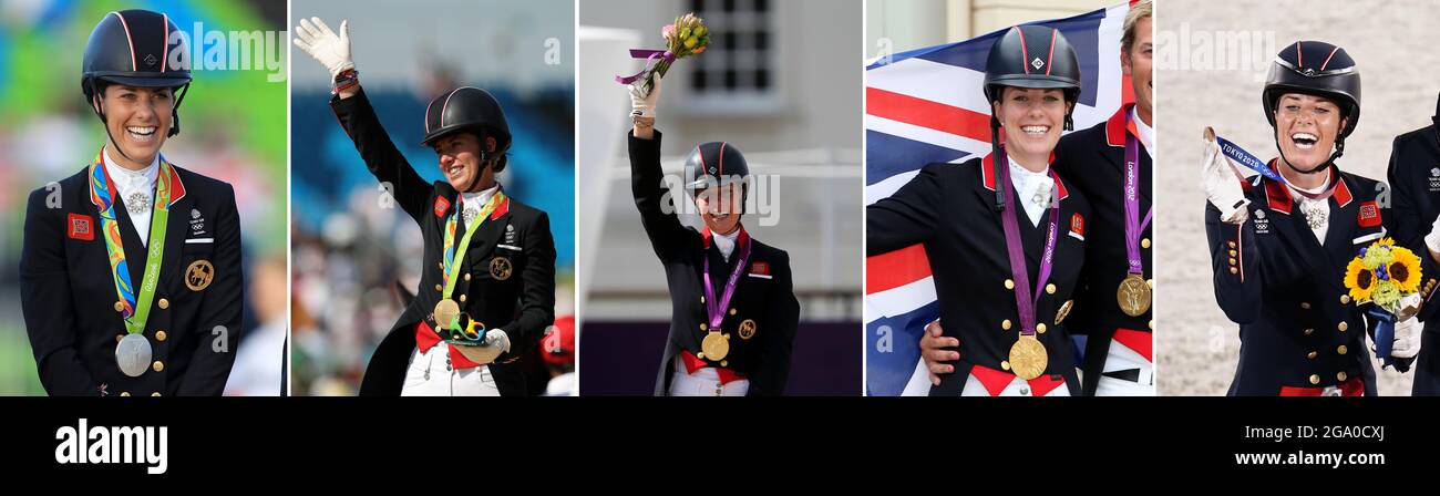 File photos of Charlotte Dujardin (from the left) with her Team silver medal and Individual gold medal at Rio de Janeiro's 2016 Olympics, her Individual and Team gold medals at 2012's London Olympics and her Team bronze medal at 2020's Tokyo Olympics (held in 2021). Dujardin has overtaken rower Katherine Grainger as the most successful British female Olympian of all time, winning a bronze medal in the individual dressage and adding to her tally of three golds, a silver, and the bronze won yesterday at the team dressage event in Tokyo. Picture date: Wednesday July 28, 2021. Stock Photo