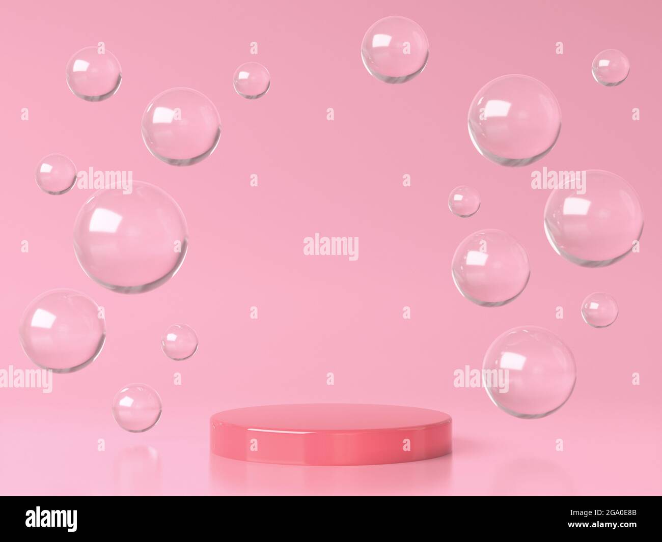 Pink round stage, pedestal or podium and water and glass bubbles or spheres in pink studio. 3d rendering Stock Photo