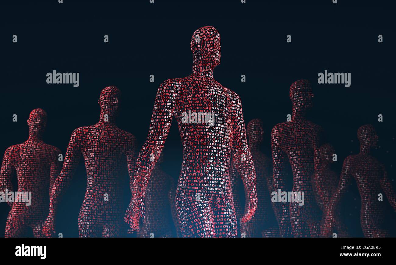Crowd of walking red digital people. The concept of human dependence on a computer. Digital zombies. 3d rendering Stock Photo