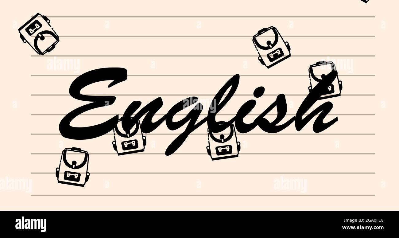 Image of english text and school items icons moving on white background ...
