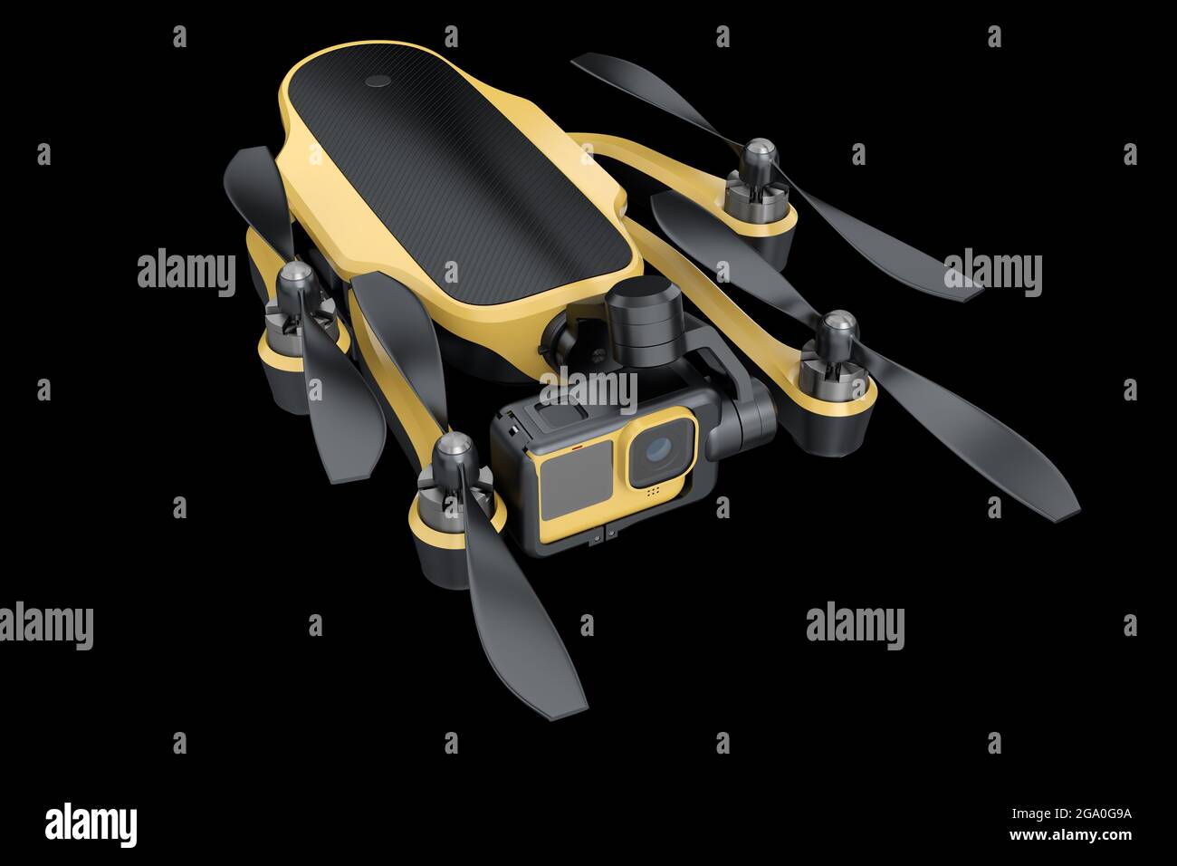 Flying photo and video drone or quad copter with action camera isolated ...