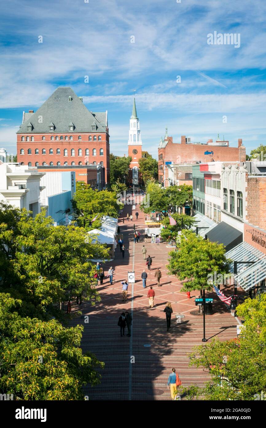 Aerial highangle view of Church Street in Burlington, Vermont on