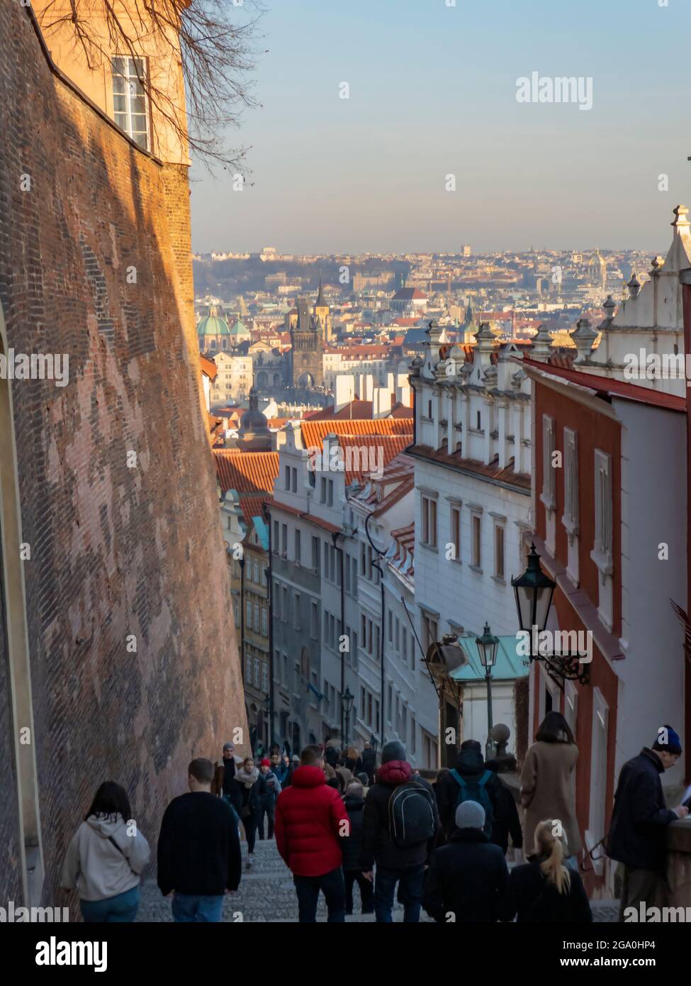 Prague, Czech Republic; February 16 2019. Streets of Prague with people walking and a panoramic view of the city. Stock Photo