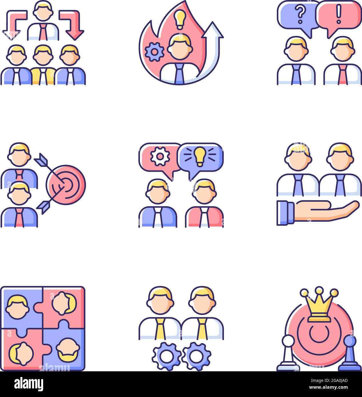 Team working RGB color icons set Stock Vector