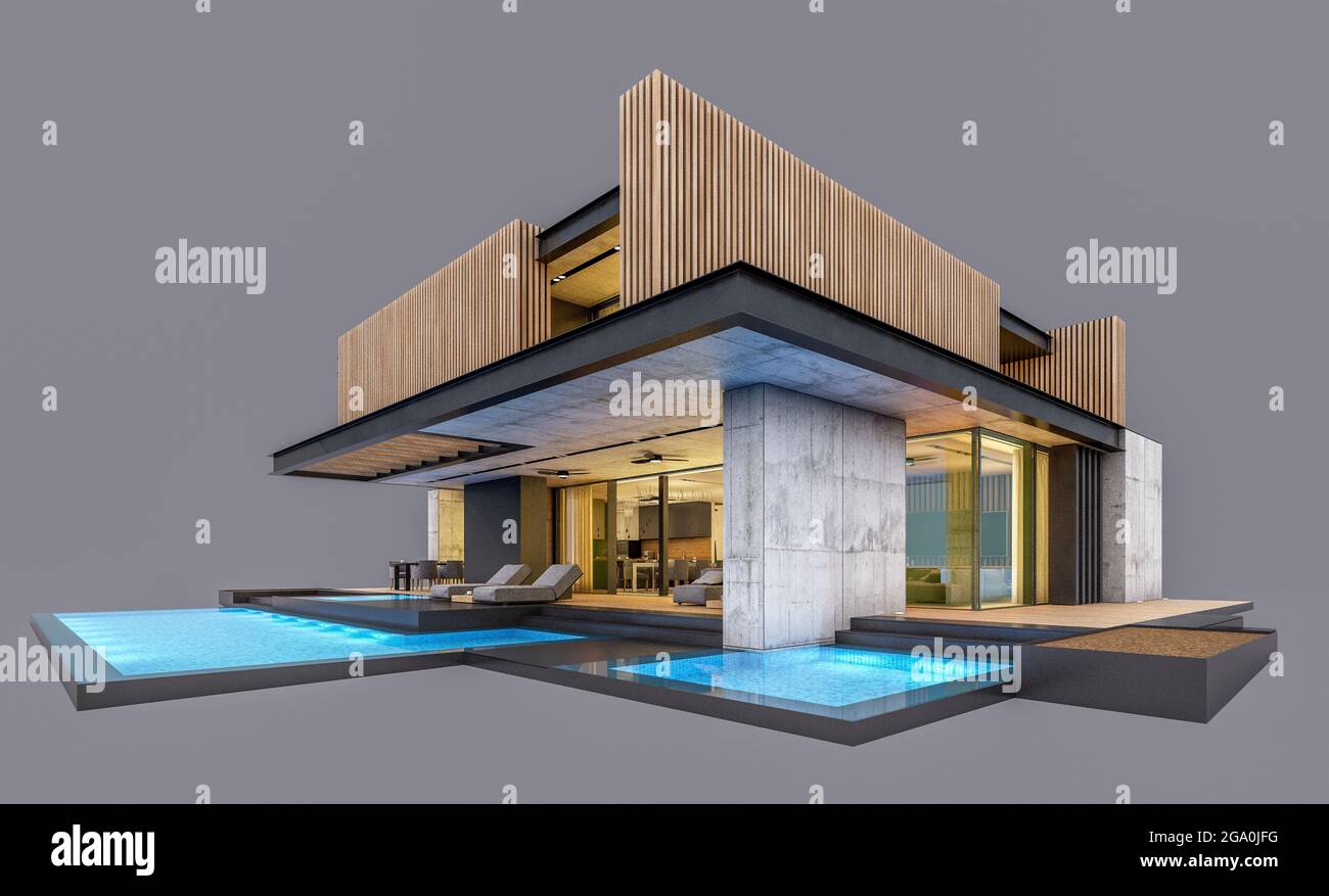 3d rendering of modern cozy house with parking and pool for sale or ...