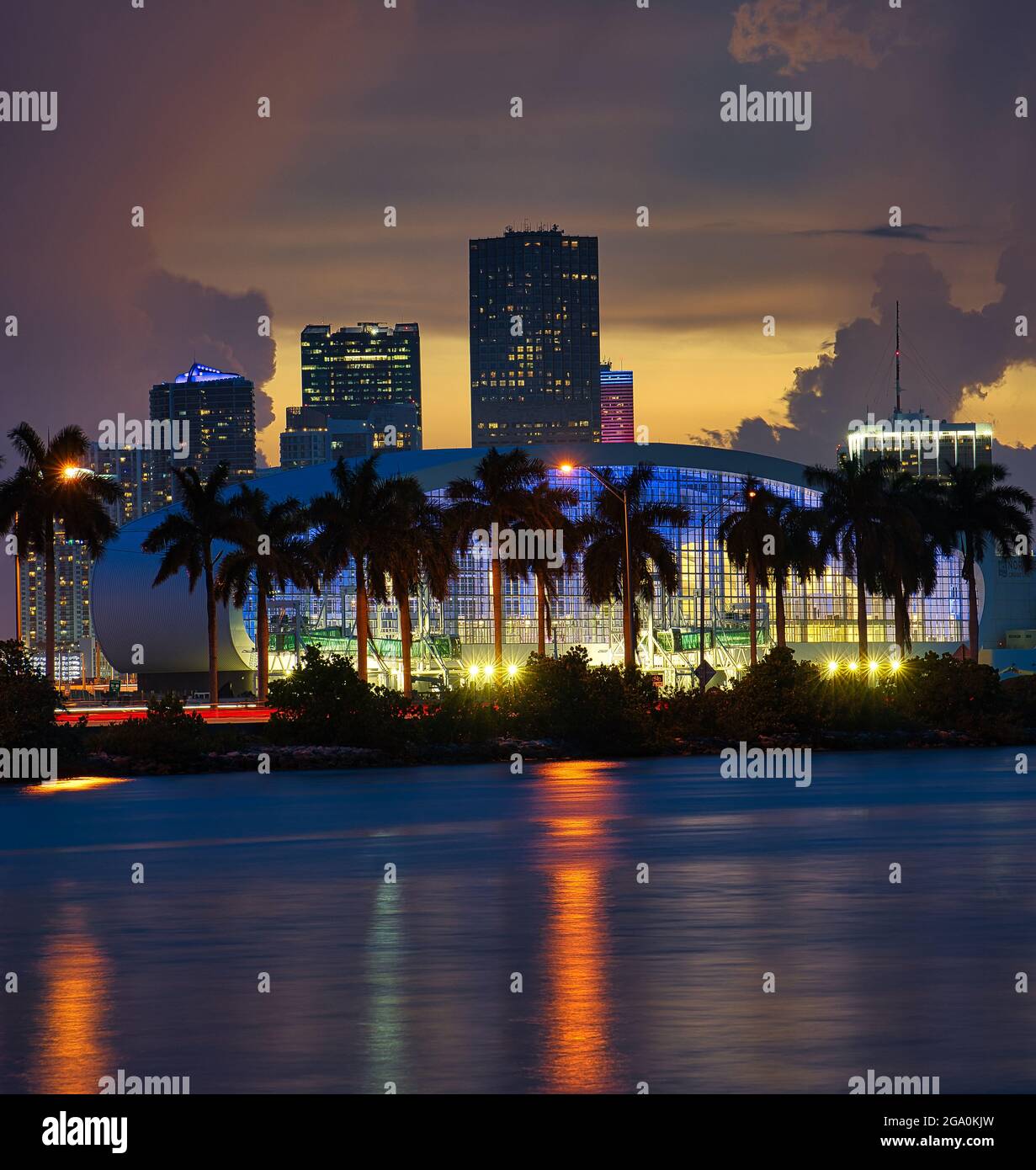 downtown city at night Miami Florida travel palms lights Stock Photo Alamy