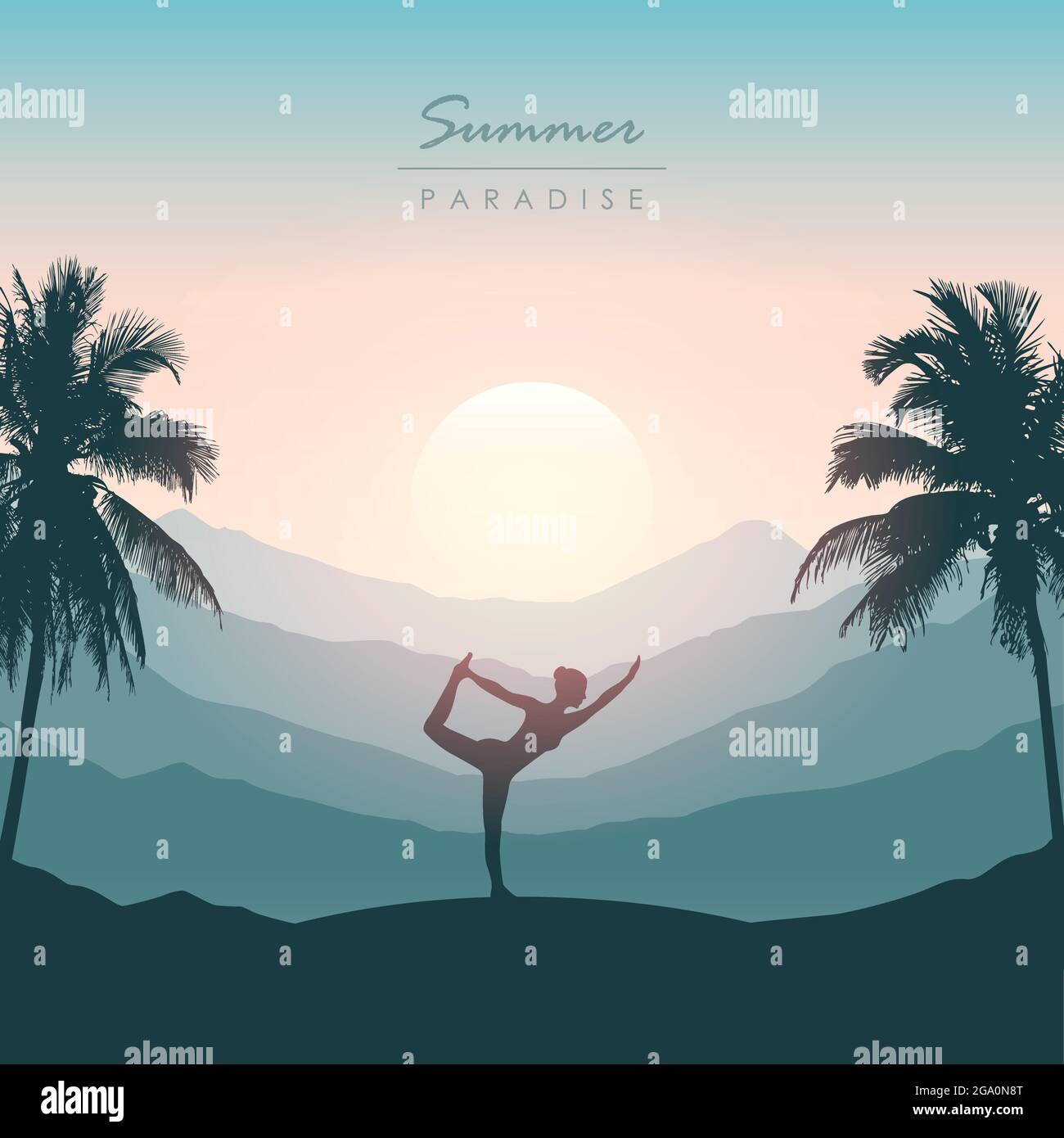 girl doing yoga for body and soul silhouette on tropical palm background Stock Vector