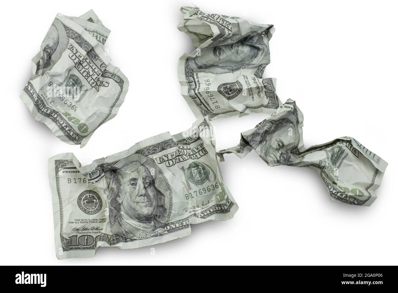 Money crushed one hundred dollar bills isolated on white background with clipping path Stock Photo
