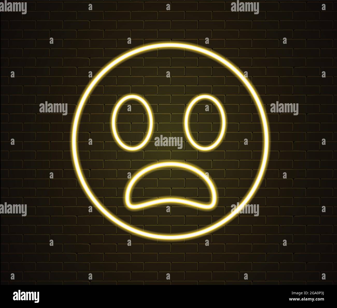 Neon yellow face vector illustration isolated on brick wall. Shocked emoji. Surprised emoticon. Stock Vector