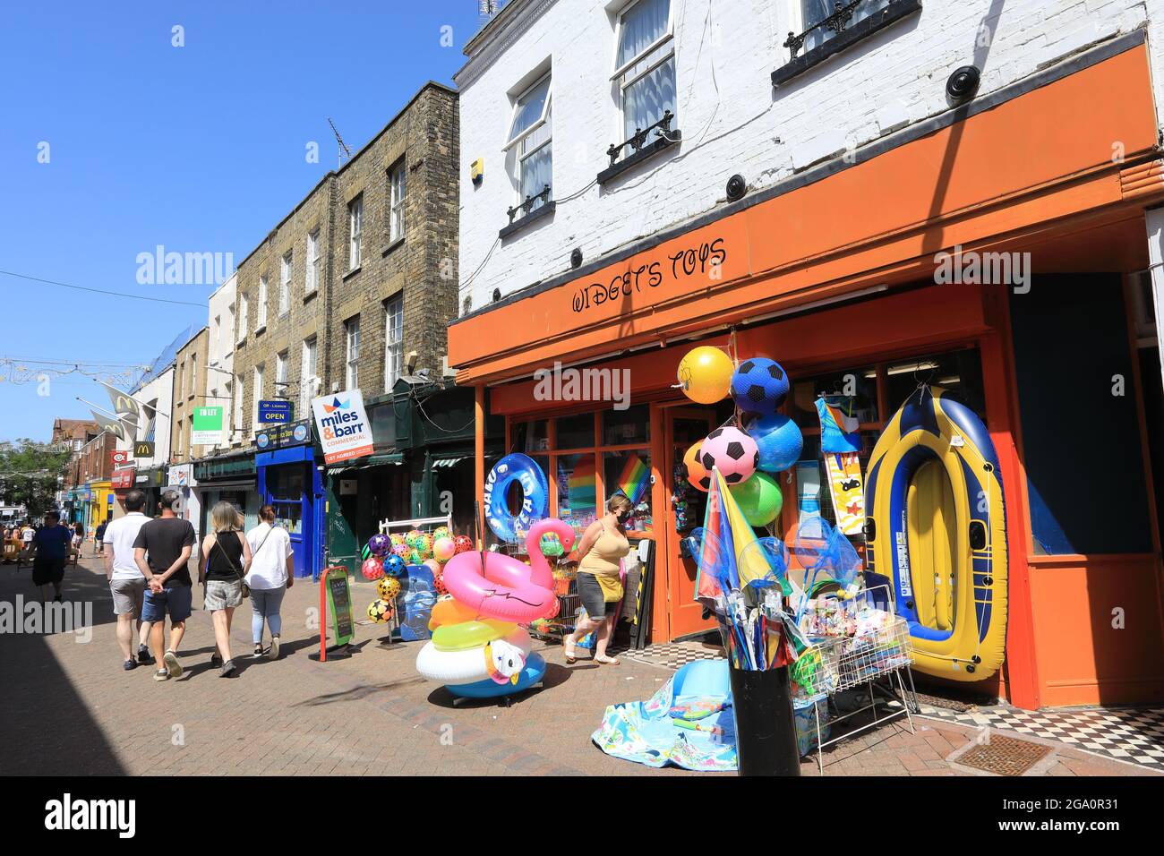 Shops on the seaside town Margate's High Street, in Kent, UK