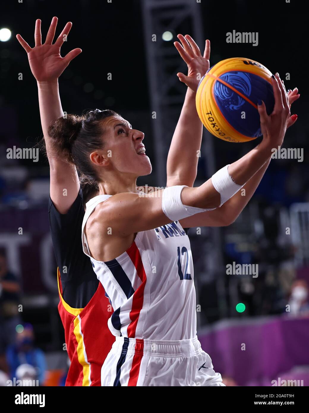 Tokyo, Japan. 28th July, 2021. Laetitia Guapo of France competes during the Tokyo 2020 women's 3x3 basketball bronze medal match between China and France in Tokyo, Japan, July 28, 2021. Credit: Lan Hongguang/Xinhua/Alamy Live News Stock Photo