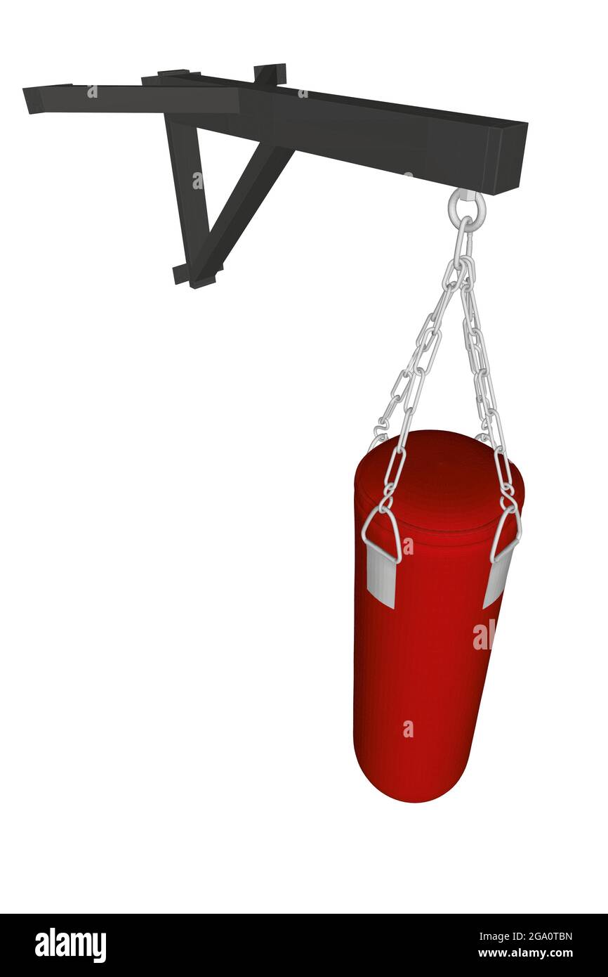 Red punching bag hanging on chains attached to fasteners isolated on