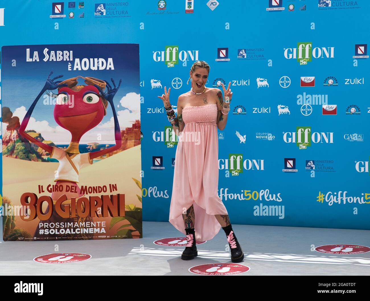 Giffoni Valle Piana, Italy. 27th July, 2021. Special guests Sabrina Cereseto with stage name 'lasabrigamer' one of the Italian voices of the film 'Around the world in 80 days' at the Giffoni Film Festival. (Photo by Ciro Esposito/Pacific Press) Credit: Pacific Press Media Production Corp./Alamy Live News Stock Photo