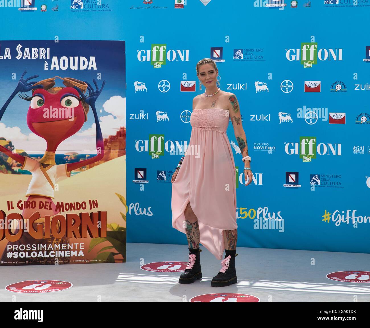 Giffoni Valle Piana, Italy. 27th July, 2021. Special guests Sabrina Cereseto with stage name 'lasabrigamer' one of the Italian voices of the film 'Around the world in 80 days' at the Giffoni Film Festival. (Photo by Ciro Esposito/Pacific Press) Credit: Pacific Press Media Production Corp./Alamy Live News Stock Photo