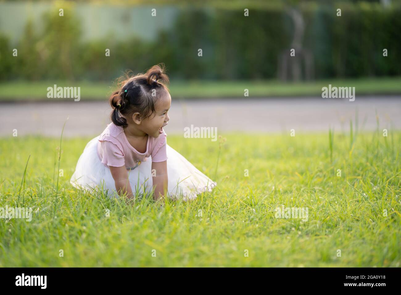 Cute Asian female child playing in the grass Stock Photo - Alamy