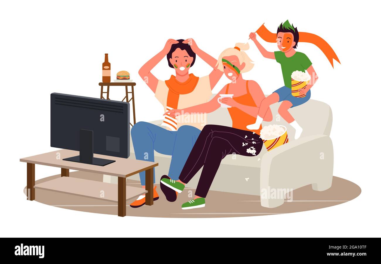 Family people fans watching soccer match tournament together, characters sitting on sofa Stock Vector