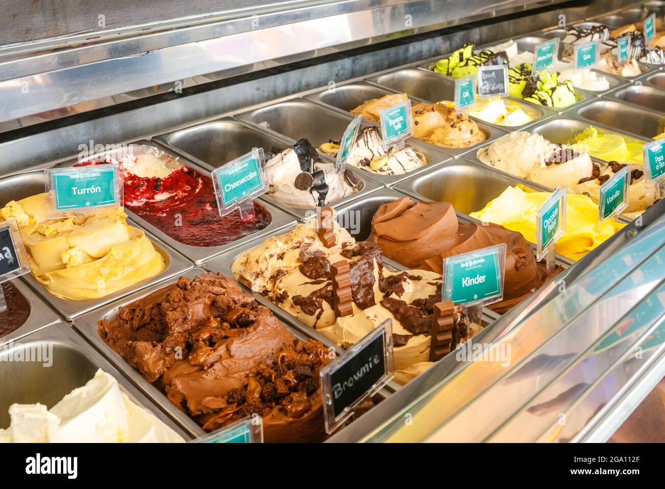 Showcase with many types of ice cream in the supermarket Stock Photo