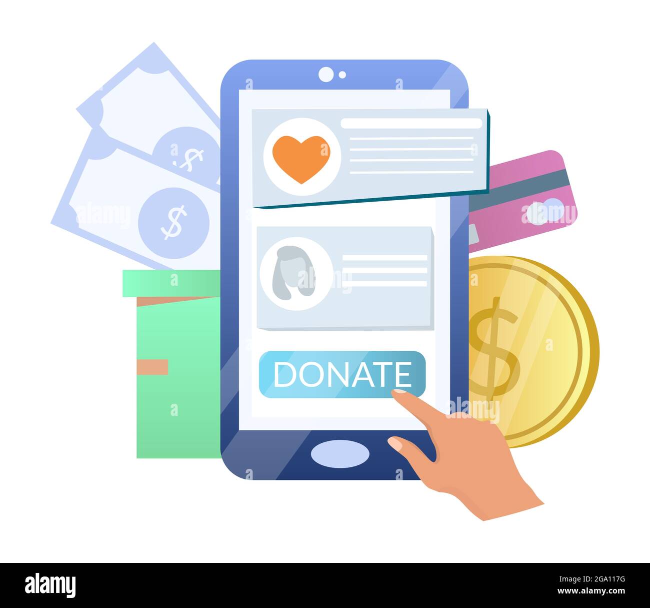 Online donation. Hand donating money using smartphone, vector illustration. Charity moble phone app. Stock Vector