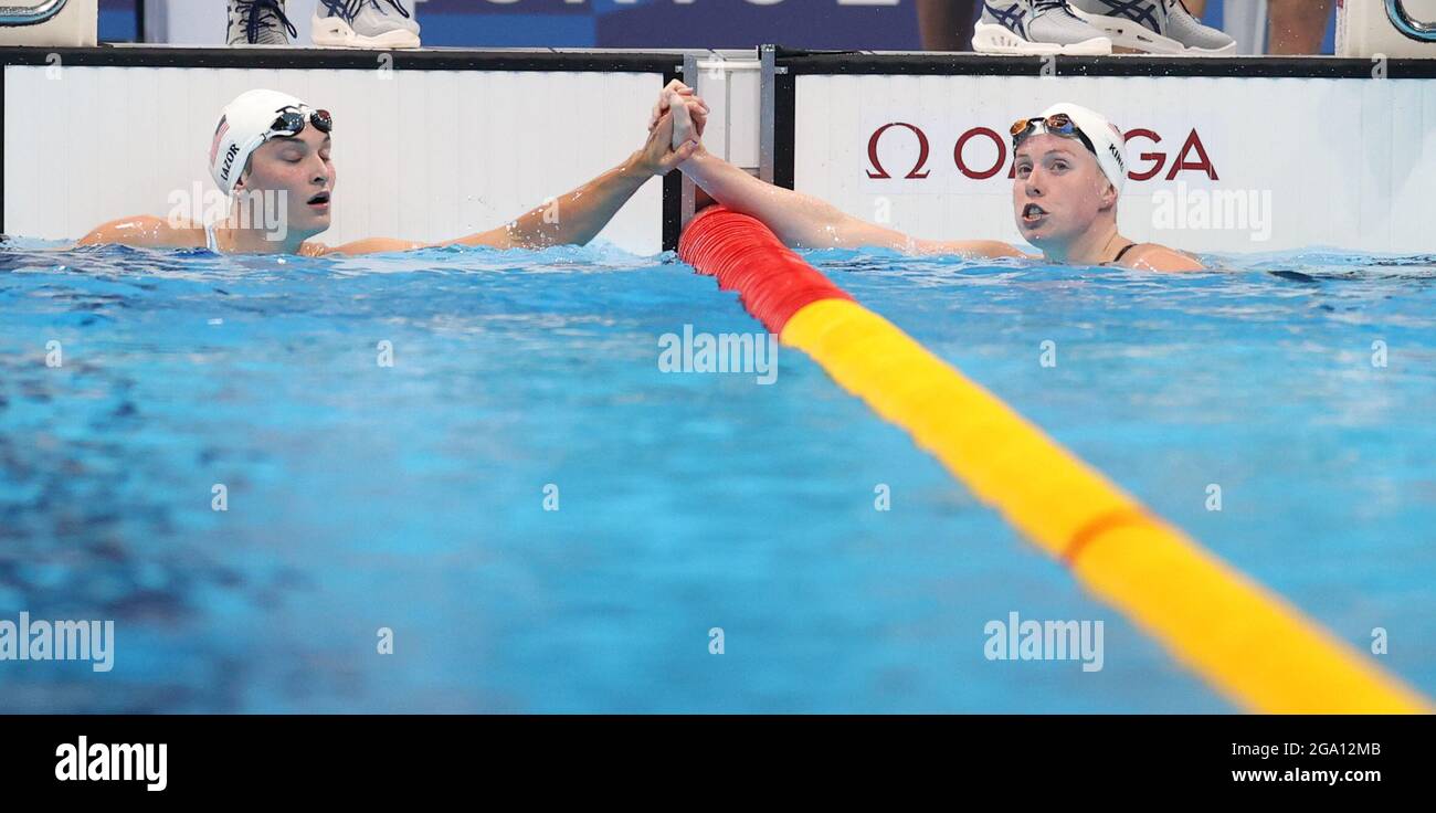 Tokyo, Japan. 28th July, 2021. Lily King (R) and Annie Lazor of the United States celebrate after the heats of women's 200m breaststroke of the Tokyo 2020 Olympics at Tokyo Aquatics Center in Tokyo, Japan, July 28, 2021. Credit: Ding Xu/Xinhua/Alamy Live News Stock Photo