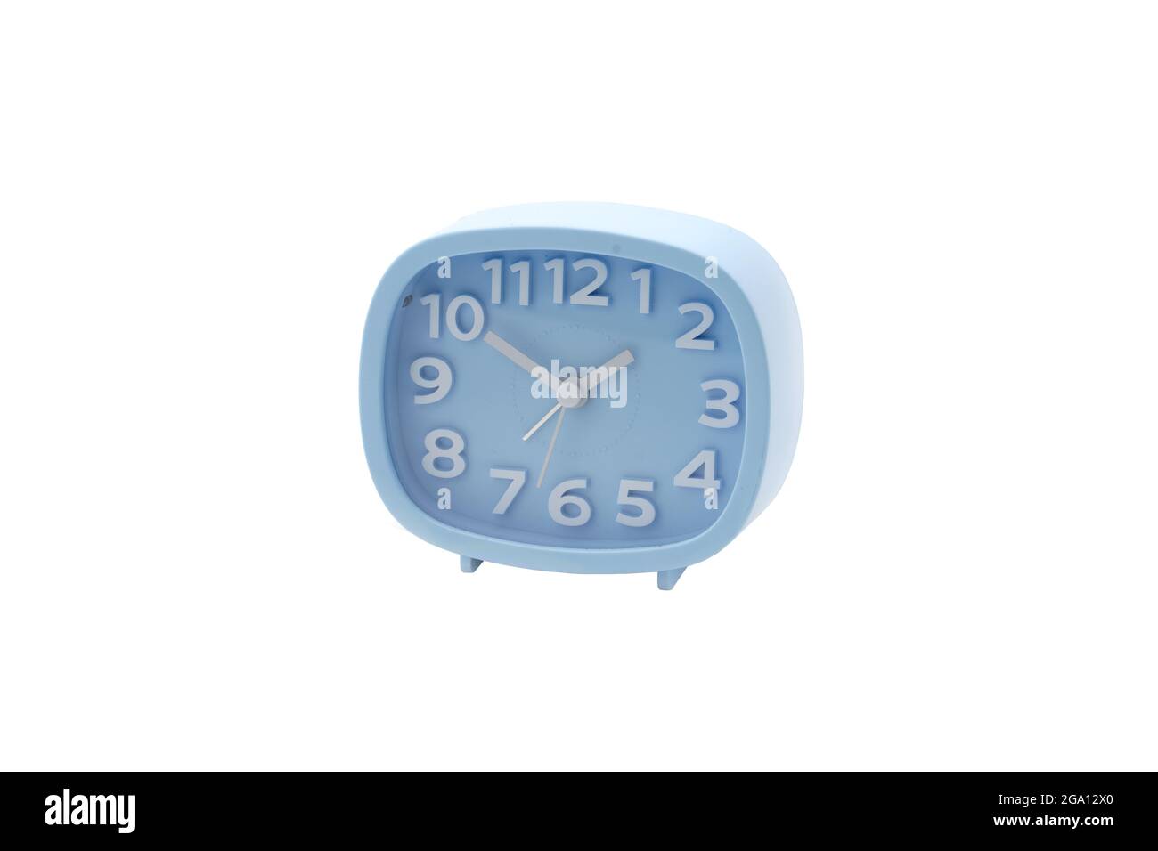Closeup of a blue alarm clock isolated on white background Stock Photo