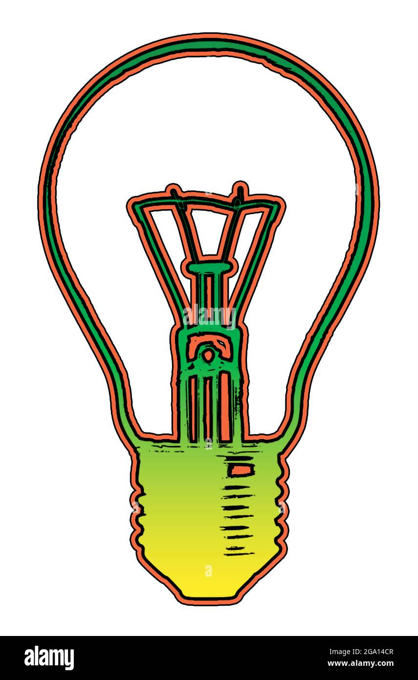 Image of an old-fashioned screw-in lightbulb with red and green neon glow, on a white background with clipping path Stock Photo