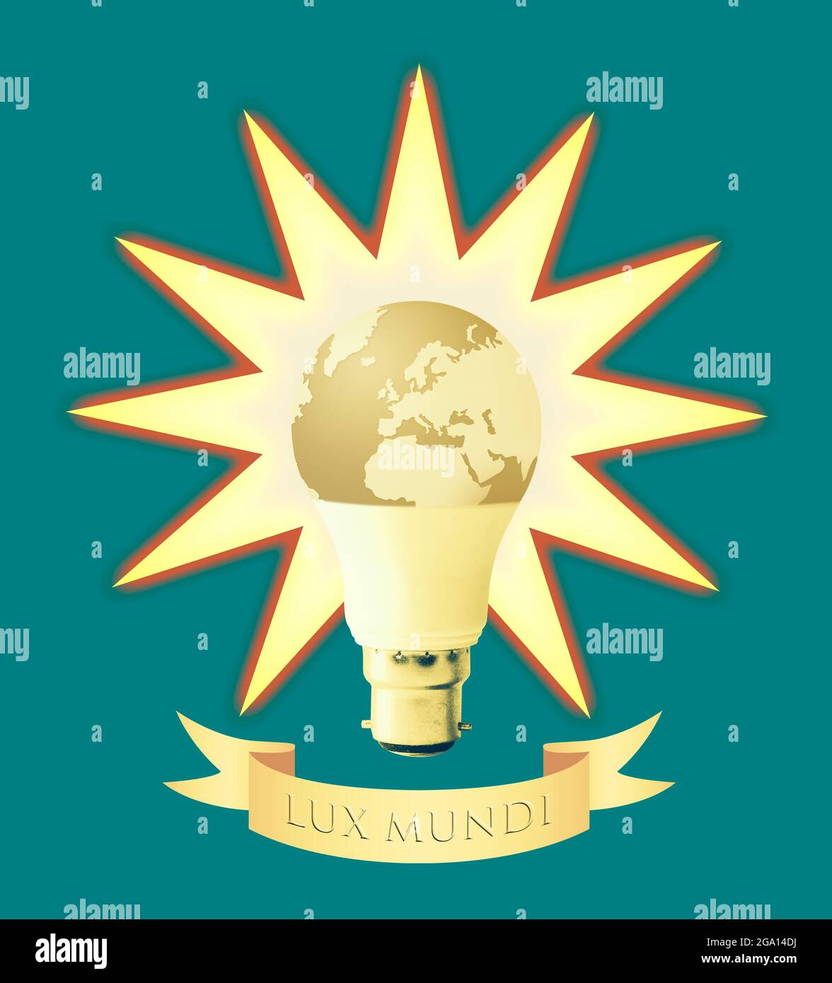 Concept image of the earth as a lightbulb with radiant surround and the Latin inscription 'Lux Mundi' (Light of the World) Stock Photo