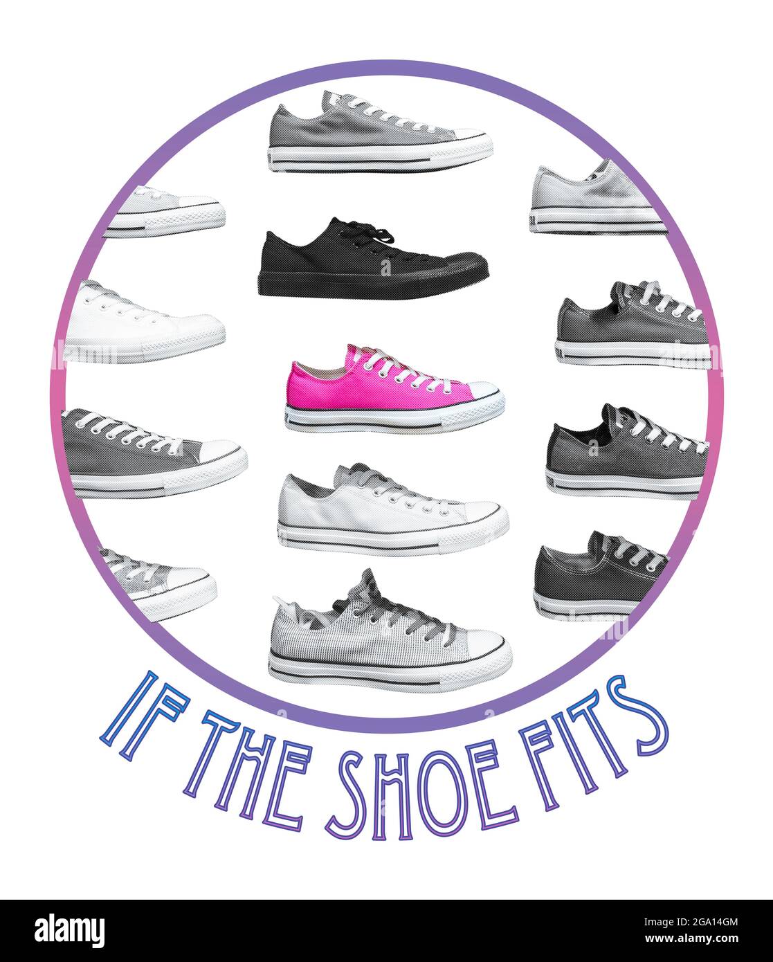 Concept image of a pink shoe among black and white others isolated on a white back ground, with the caption 'If the Shoe Fits', with clipping path Stock Photo