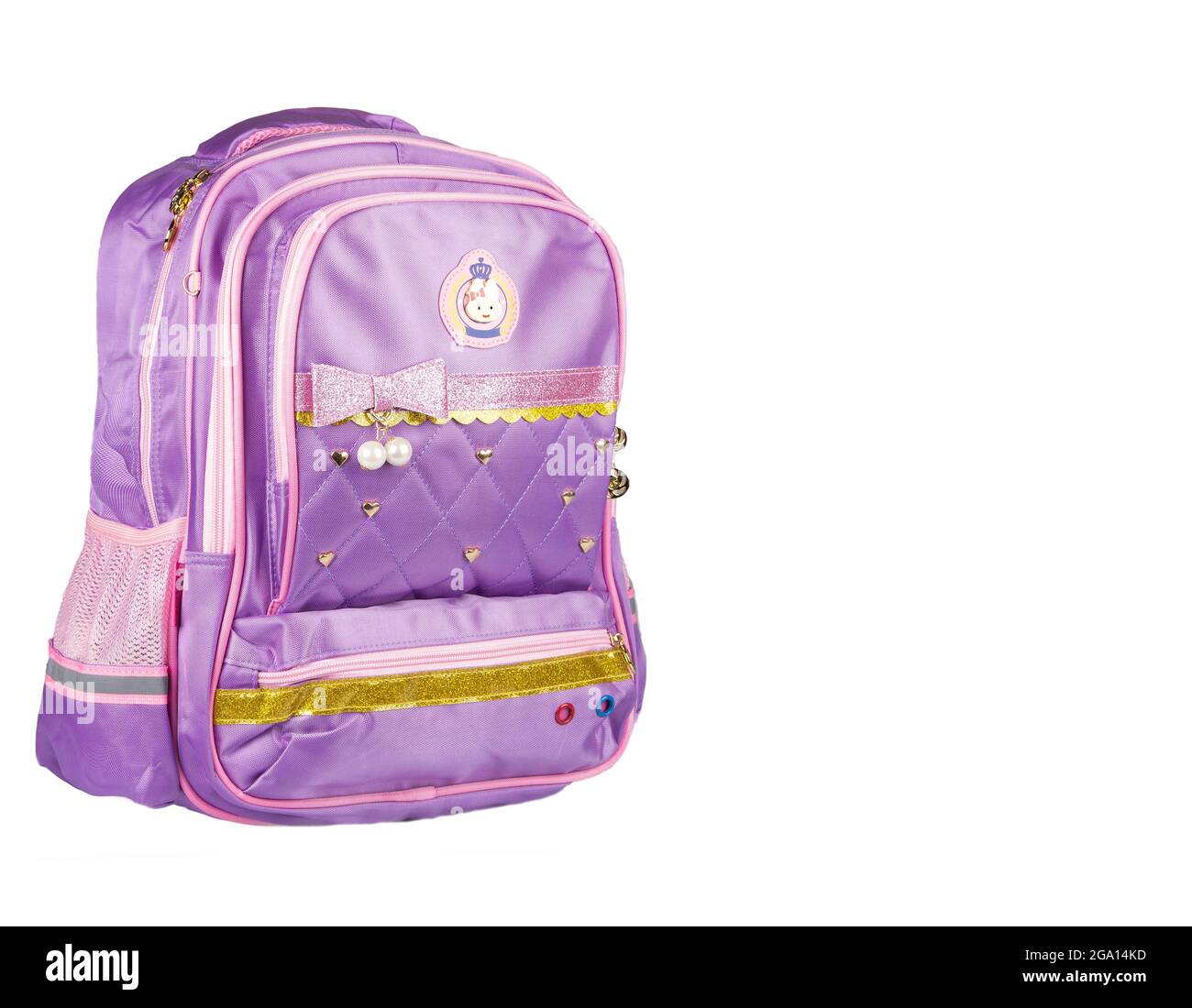A lilac-colored school backpack on a white background. Stock Photo