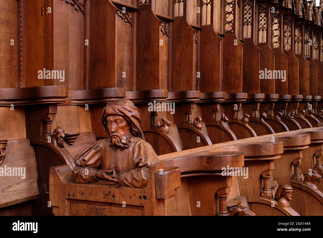 Blaubeuren abbey: choir stalls (1493) in abbey church, with bust of prophet Elias, Alb-Donau District, Baden-Württemberg, Germany Stock Photo