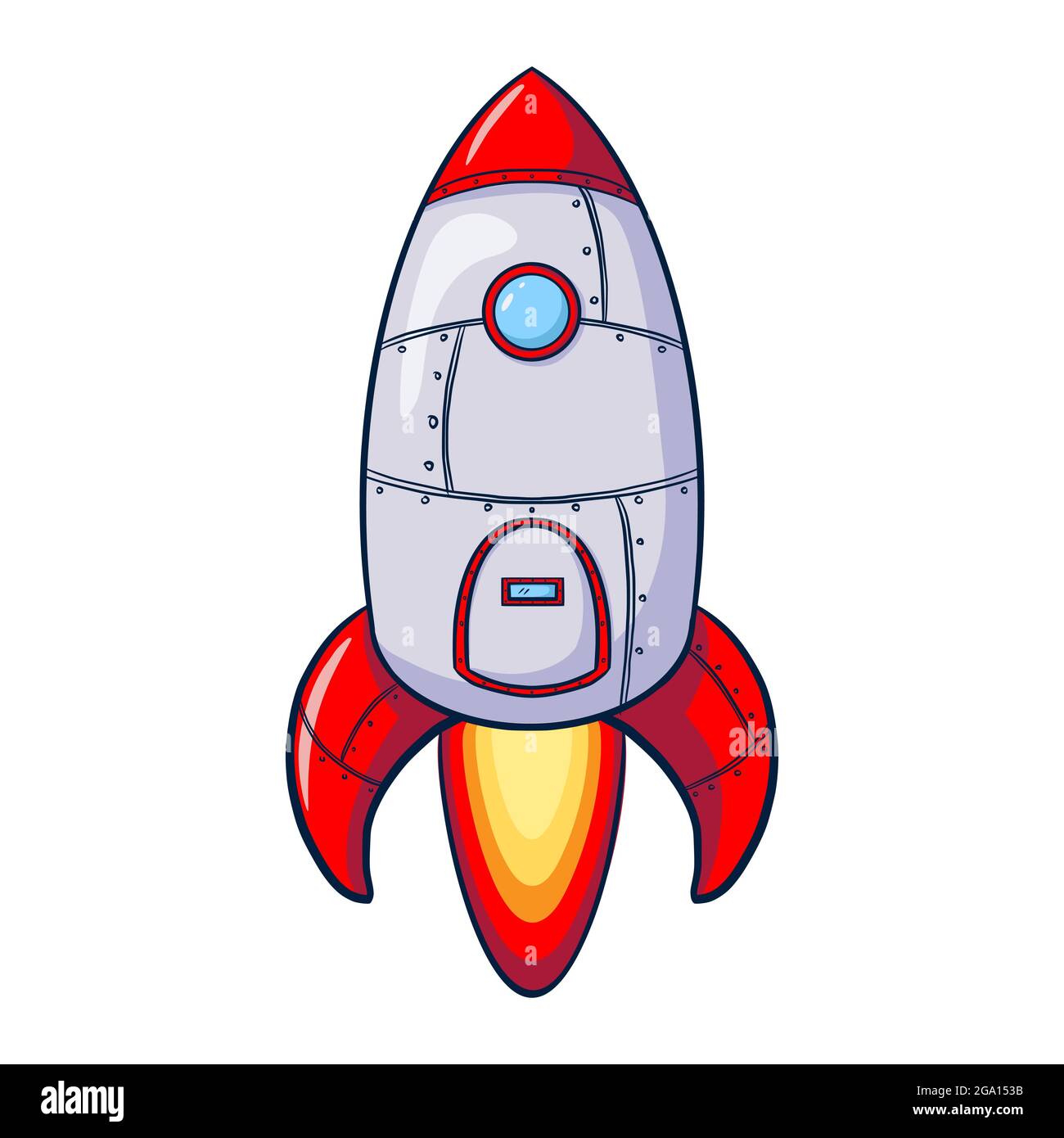 Cartoon Spaceship Illustration. Hand drawn rocket icon. Space ship launch sketch concept of business product, suitable for Web Landing Page, Banner, Flyer, Sticker, Card, nursery decoration, wallpaper Stock Vector