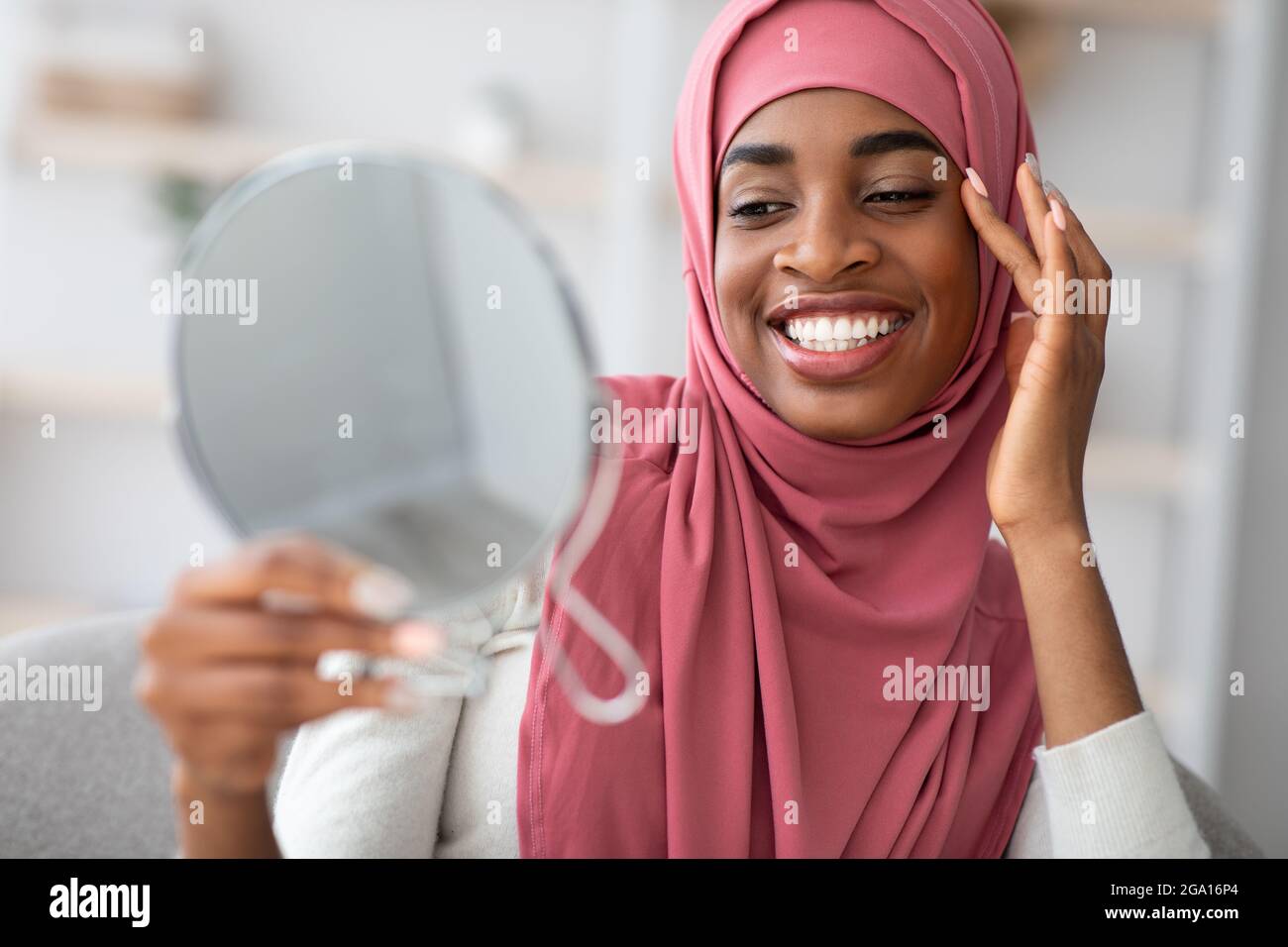 Beauty Concept. Attractive Black Islamic Lady In Hijab Looking In