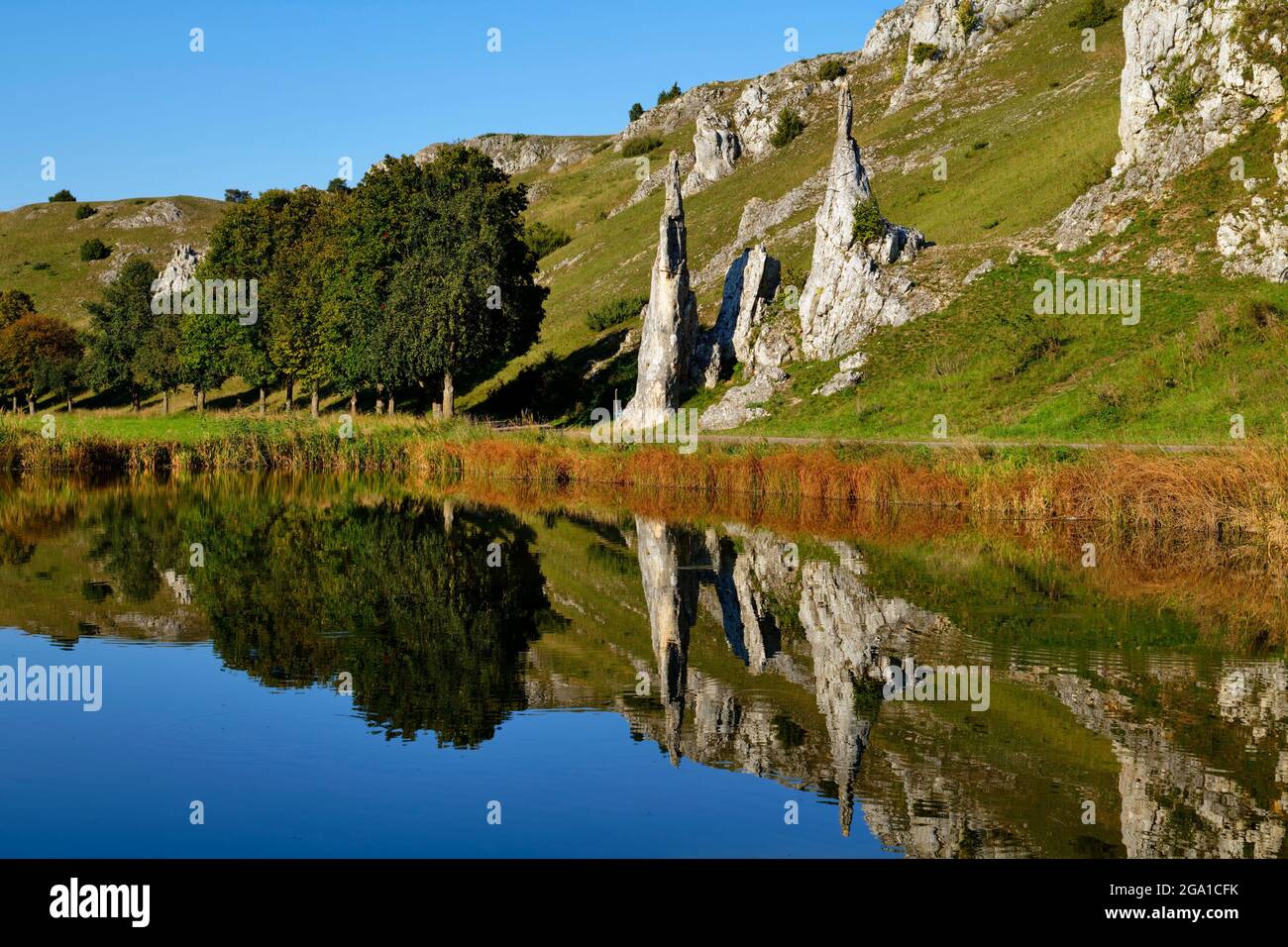 Eselsburg Valley near Herbrechtingen, rockformation 'Stony maiden' (Steinerne Jungfrauen) reflecting in pond, Baden-Württemberg, Germany Stock Photo