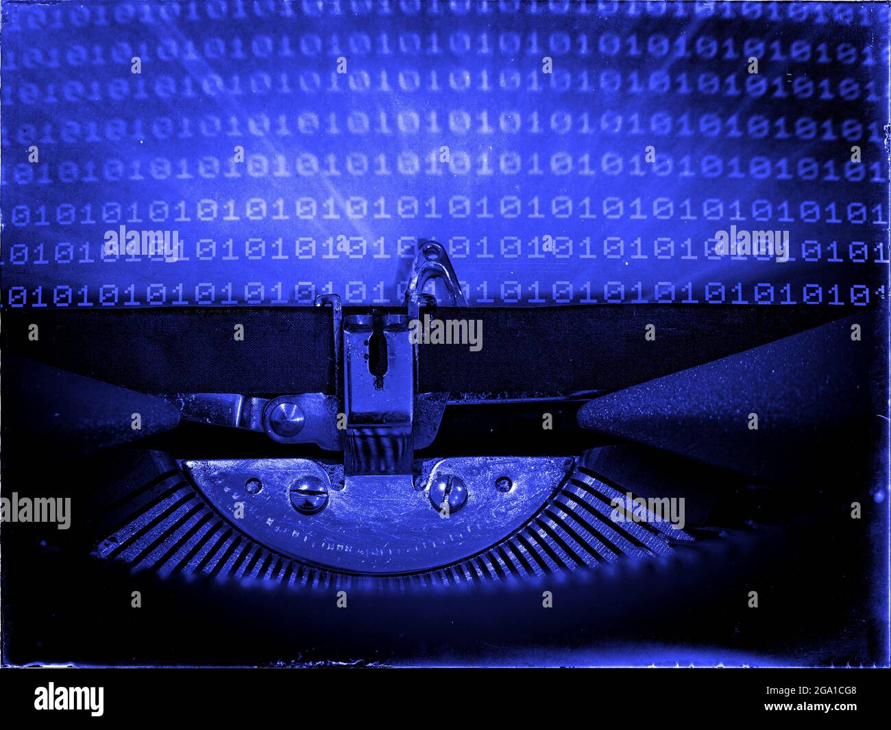Retrofuturism, Mechanical Typewriter, Binary code background, Blue tone, Vintage distorted look Stock Photo