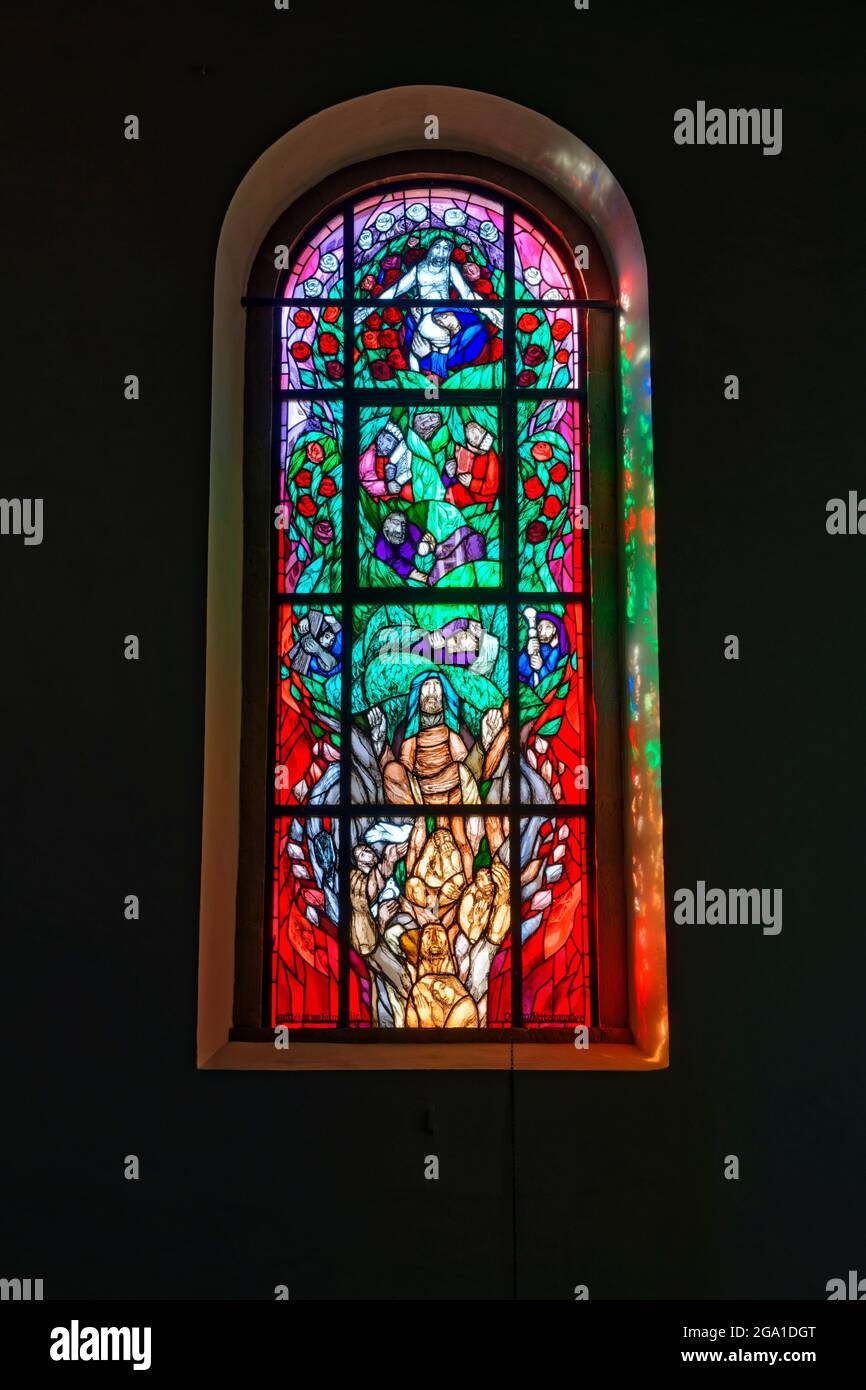 Jakobus church in Hohenberg (part of Rosenberg): church window with  motiv "Genealogy of Jesus" (by Sieger Köder), Ostalb District, Baden-Württemberg Stock Photo