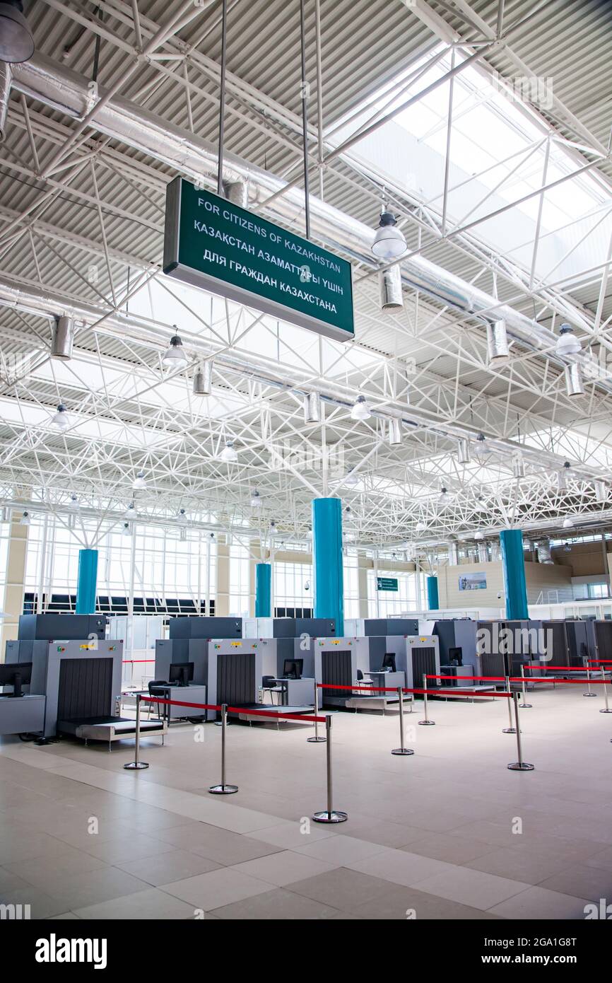 Khorgos, Kazakhstan - June 05, 2012: Empty interior of Customs office terminal. X-ray machines. No people. Stock Photo