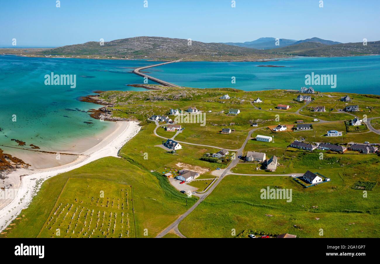 Aerial view from drone of houses in village of Balla on island of Eriskay in the Outer Hebrides, Scotland, UK Stock Photo