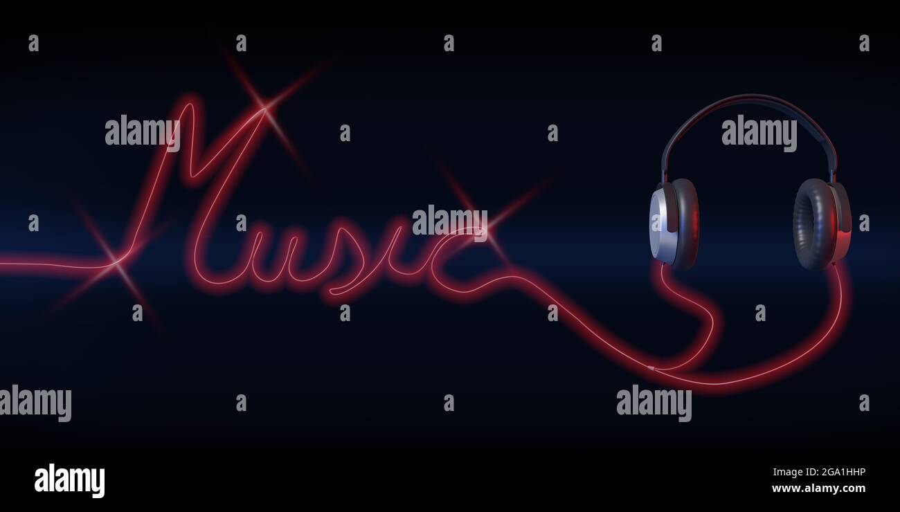 Headphones forming the word "music" with their cord on dark background. 3d illustration. Stock Photo