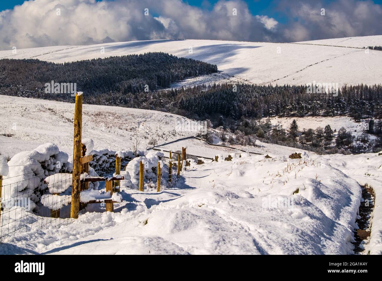 View of the hills around Errwood in The Goyt Valley near Buxton in the Peak District National Park with heavy winter snow Stock Photo