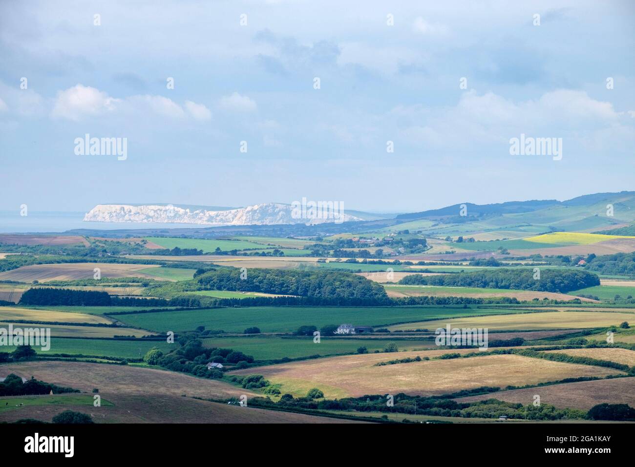 View over farm land from Gat Cliff towards Tennyson Down Isle of Wight Stock Photo