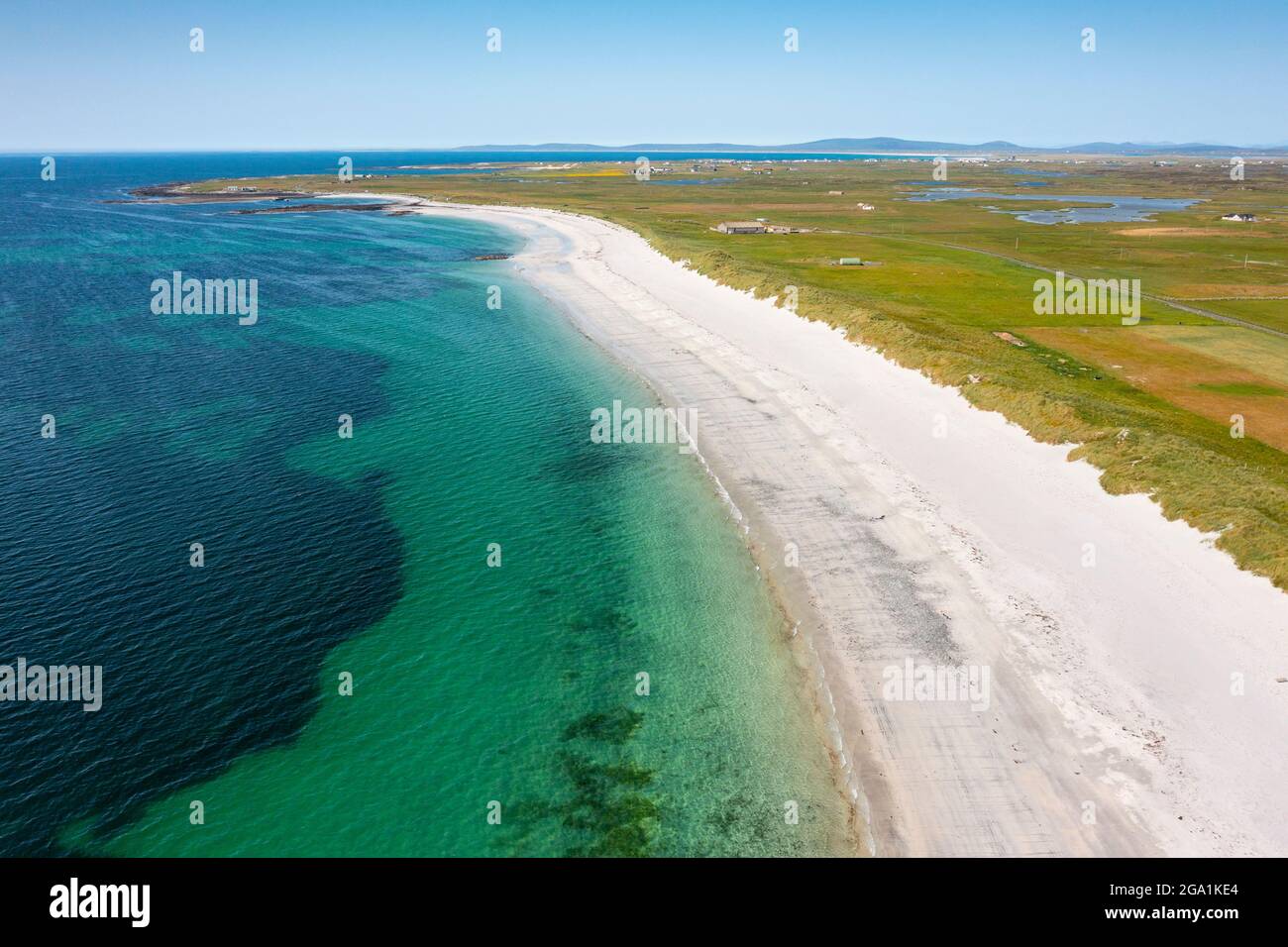 Aerial view from drone of white sands on beach on west coast of island of Benbecula, Outer Hebrides, Scotland, UK Stock Photo
