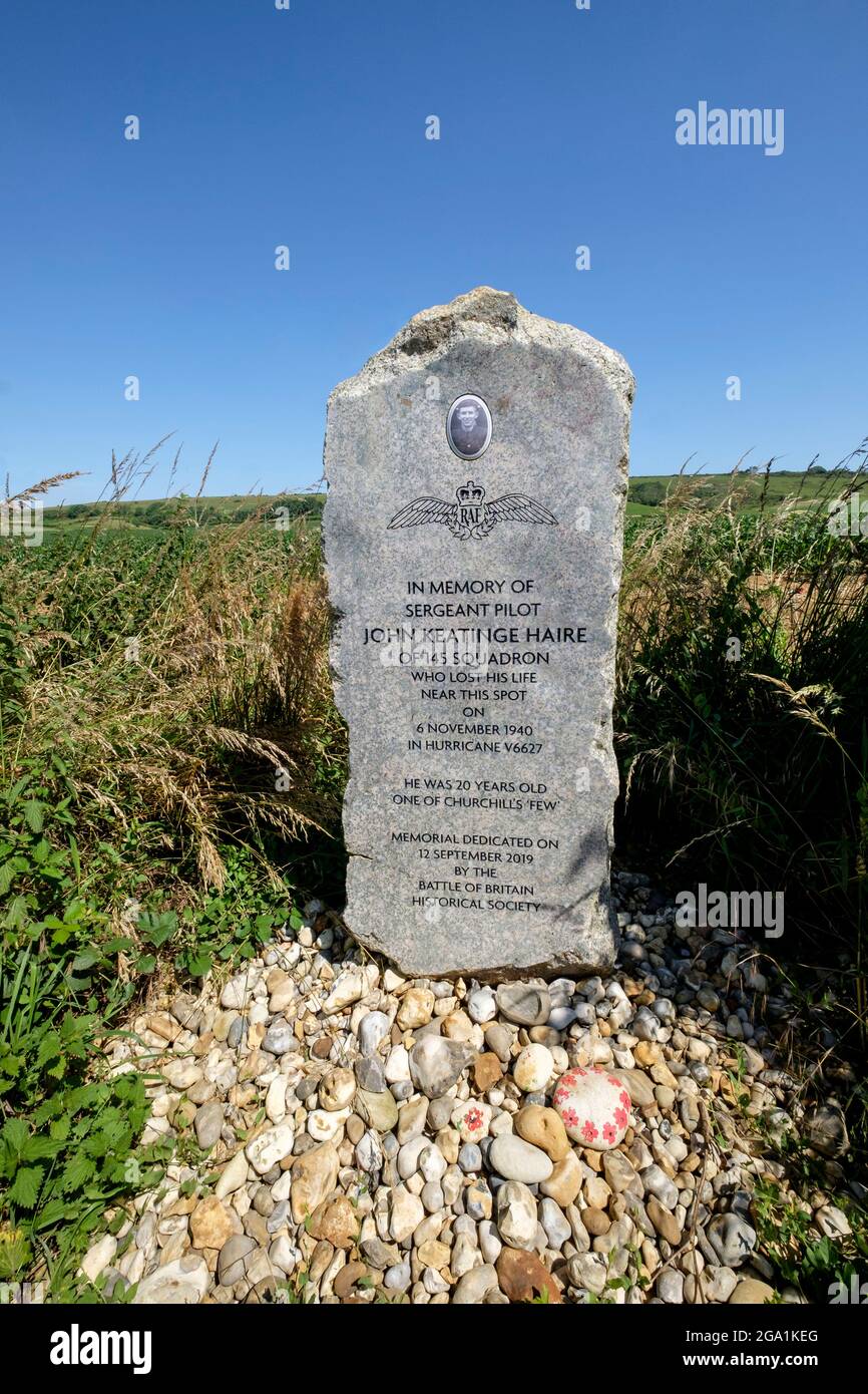 Memorial to a Battle of Britain pilot shot down in his Hurricane aircraft near Arreton Isle of Wight Stock Photo