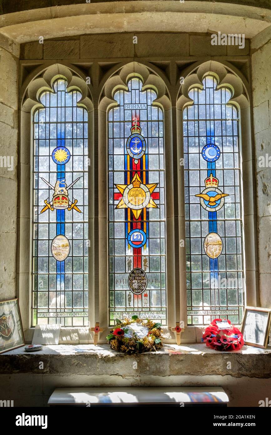 Burma Star Memorial window to men who fought in the Burma campaign WW2 Arreton Church Isle of Wight Stock Photo
