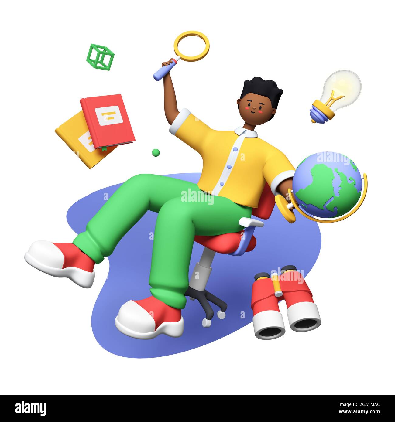 Exploring the world at school - colorful 3D style illustration with cartoon character. African american teenager studies geography. Thirst for knowled Stock Photo
