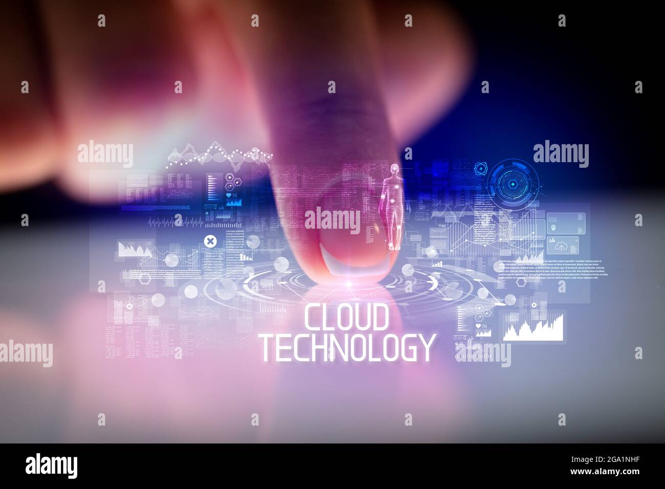 Finger touching tablet with web technology icons concept Stock Photo