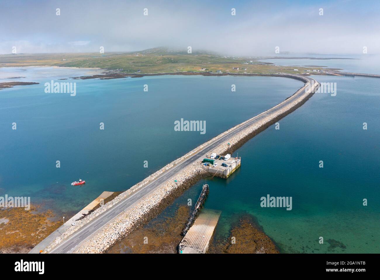Aerial view from drone of Berneray causeway linking Berneray Island ( top) to North Uist the Outer Hebrides, Scotland, UK Stock Photo