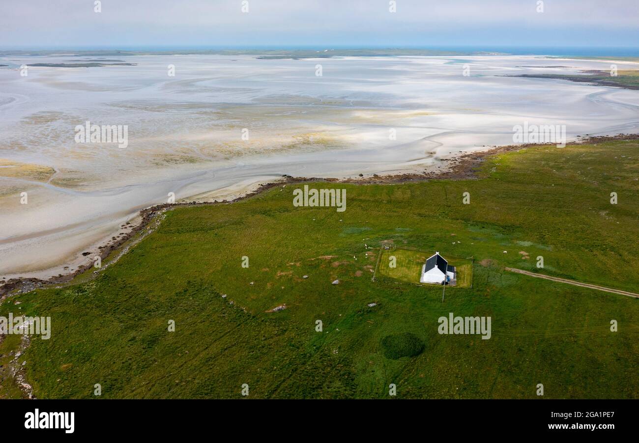 Aerial view from drone of coast and Bhalaigh beach at Malacleit on North Uist in the Outer Hebrides, Scotland, UK Stock Photo