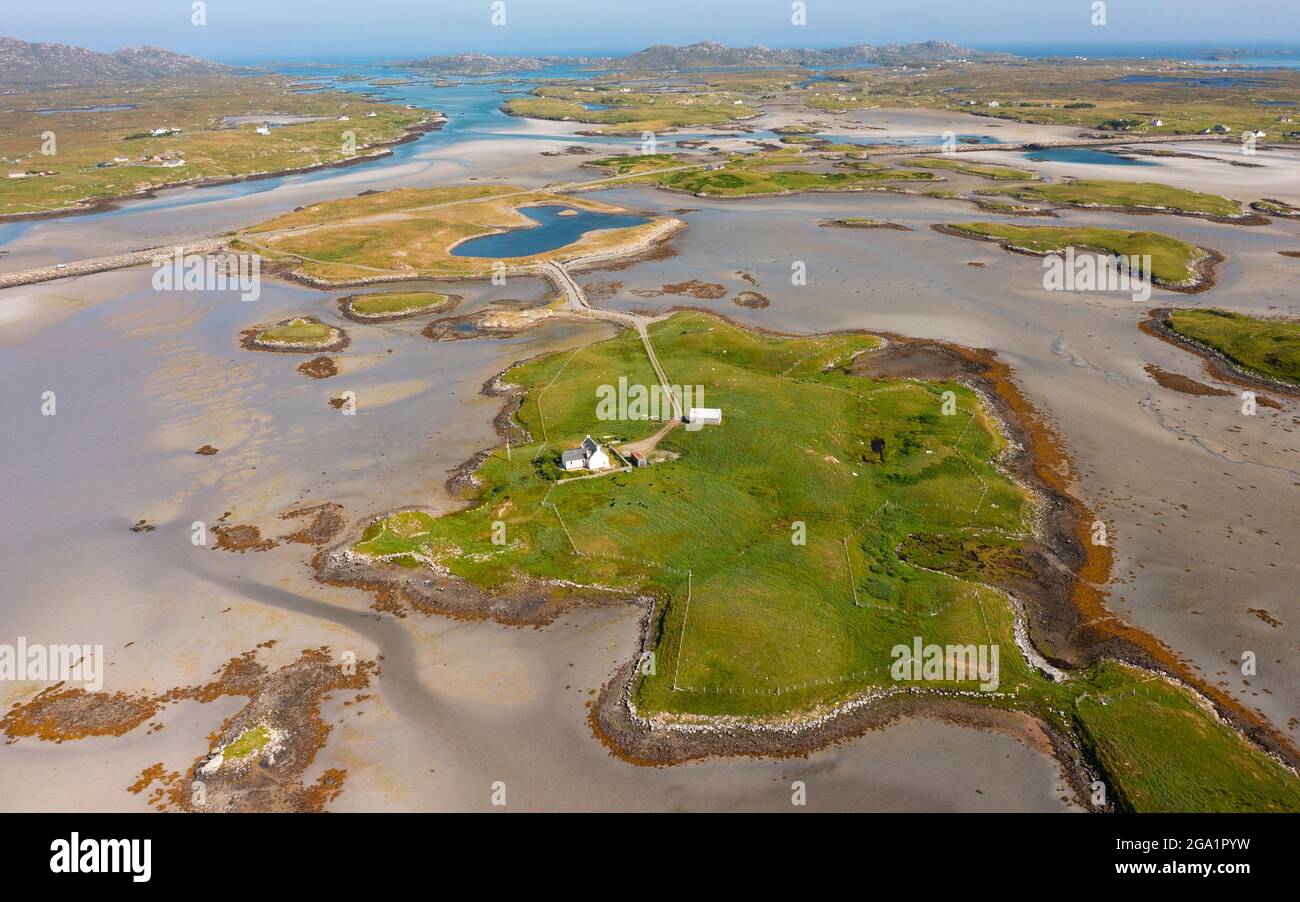 Aerial view from drone of  small islands on Oitir Mhor estuary on Benbecula in  the Outer Hebrides, Scotland, UK Stock Photo